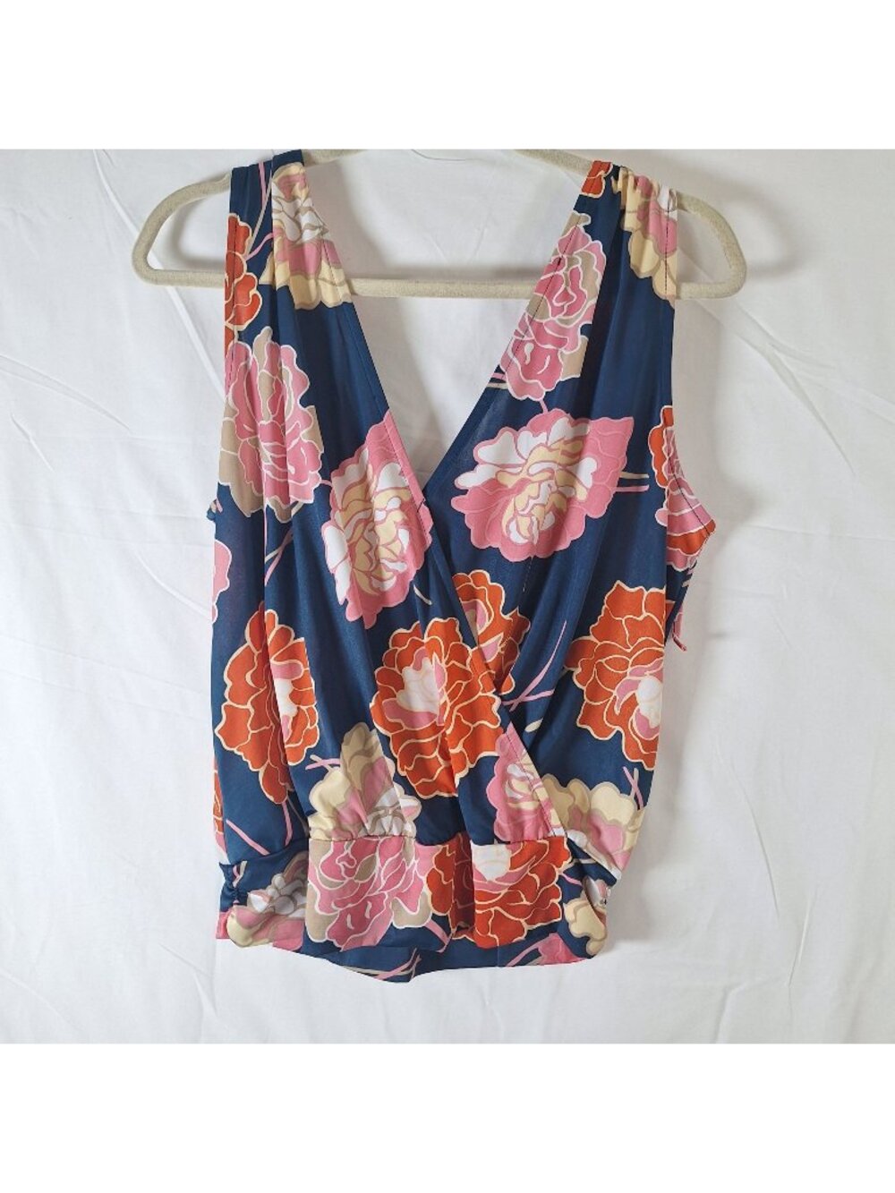 Veronica M Floral Print Sleeveless Wrap Top Blue Pink & Orange Flowers Size Larg